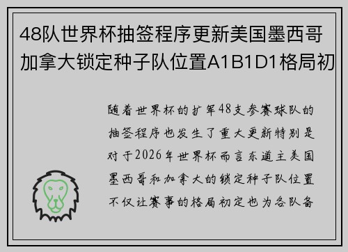 48队世界杯抽签程序更新美国墨西哥加拿大锁定种子队位置A1B1D1格局初定 48队世界杯抽签程序更新美国墨西哥加拿大锁定种子队位置A1B1D1格局初定