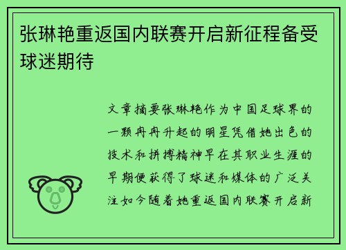 张琳艳重返国内联赛开启新征程备受球迷期待